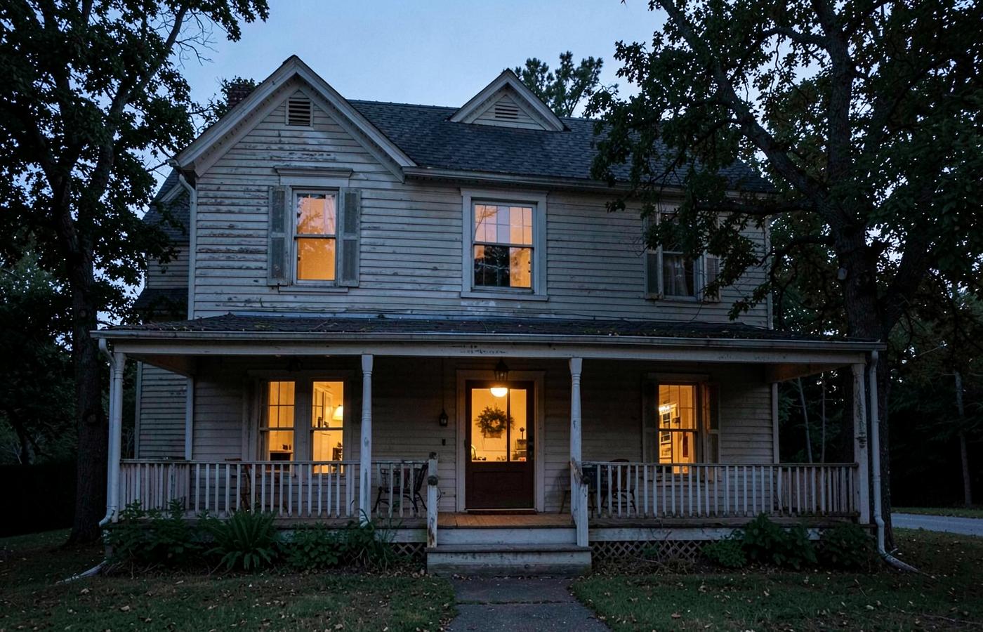 Older two-story clapboard house with a deep front porch at dusk, one window lit inside