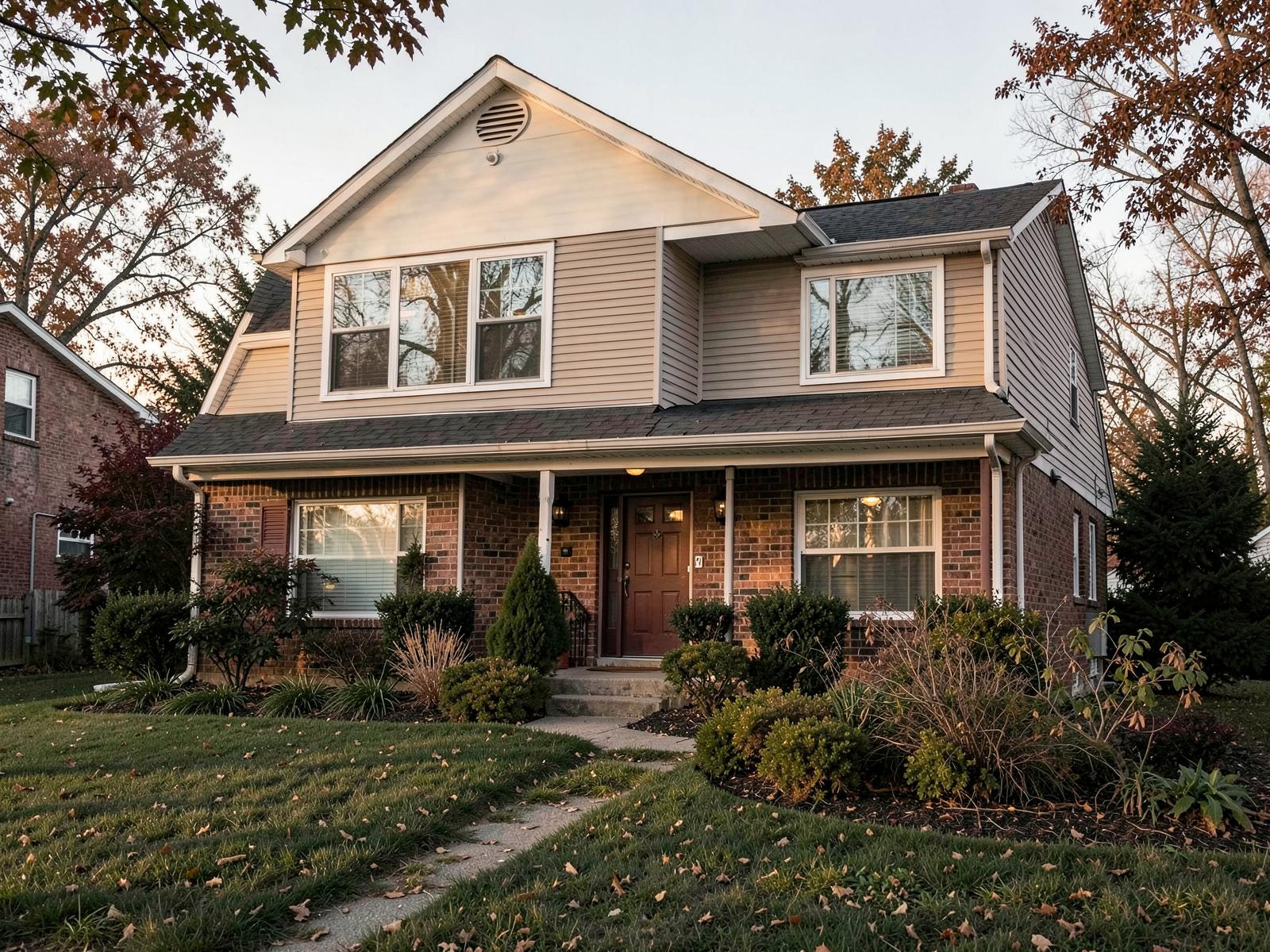 Two-story brick and siding family home with a covered porch on a quiet residential street