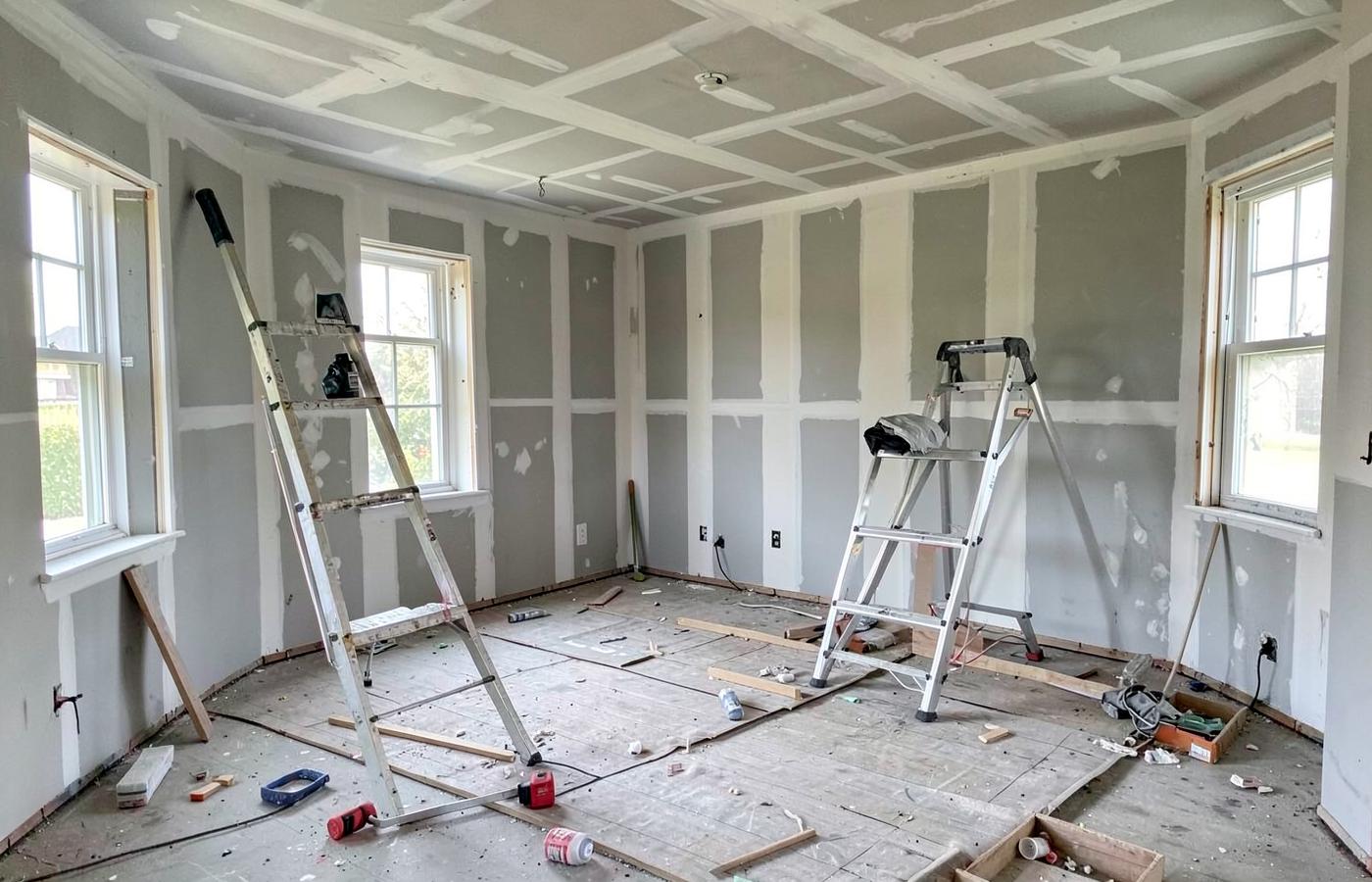 Interior renovation in progress with exposed framing and new drywall in a residential room
