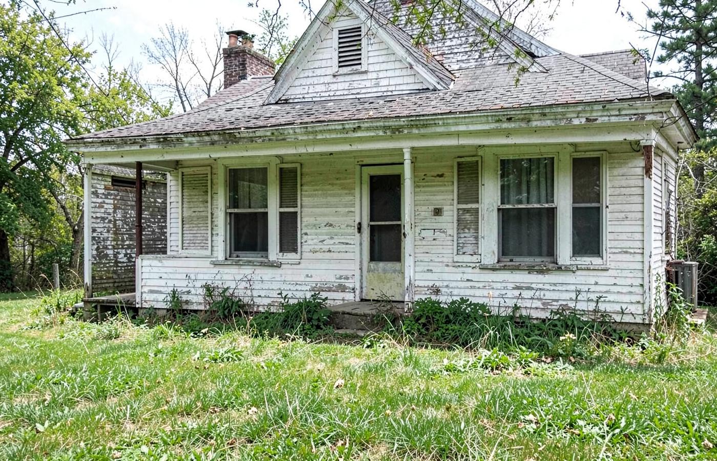 Empty older single-story house with peeling white paint and an overgrown front lawn
